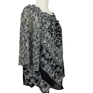 Womens Blouse XL Paisley Navy Blue Gray Floral Mosaic Bandana Sheer Boho Hippy